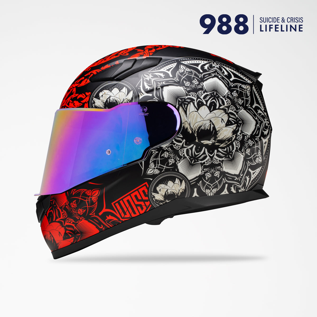 Voss 988 Moto-1 Red Mandala Full Face Helmet | Matte, Pinlock Prepared