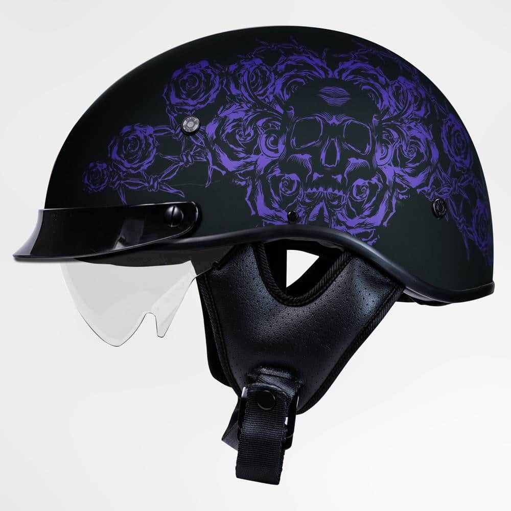 Voss 707Frp Black Skull And Rose Half Helmet With Peak