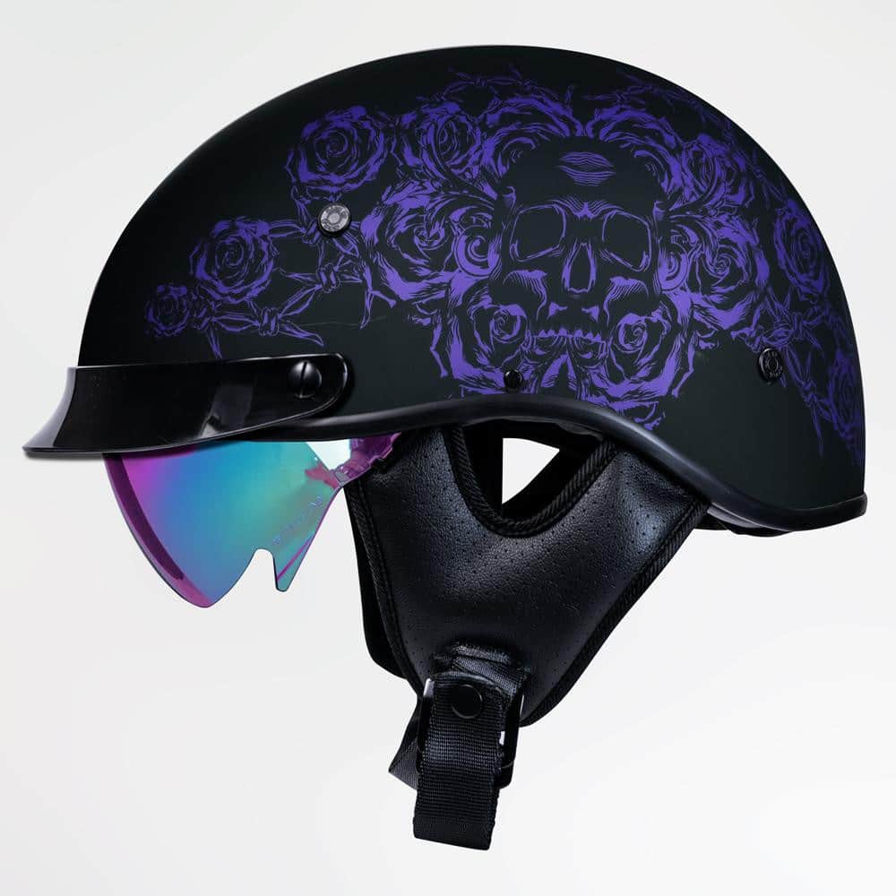 Voss 707Frp Black Skull And Rose Half Helmet With Peak